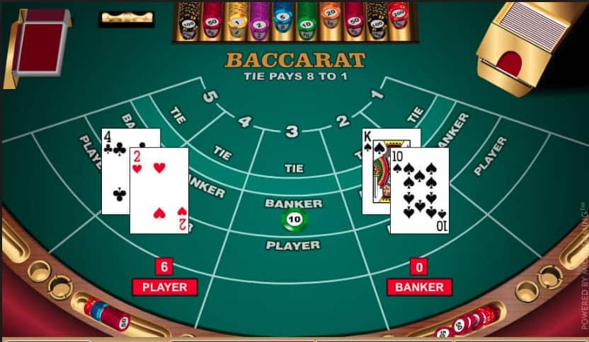 Bàn Baccarat với ván bài đang diễn ra, "Tie Pays 8 to 1". Nhà cái uy tín số 1 Việt Nam.