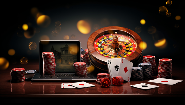 Baccarat, roulette, blackjack: chip, lá bài, và laptop, minh họa chiến thuật.